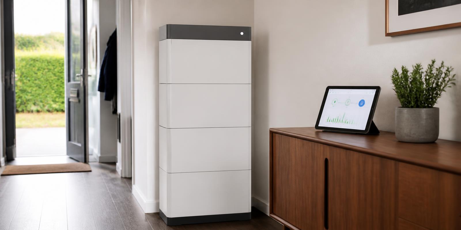 Fox ESS EP11-H home battery beside a tablet showing daily charge and discharge