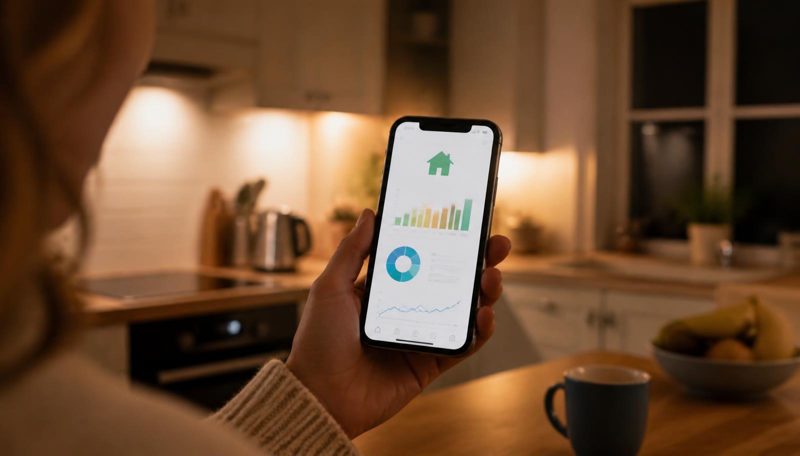 Homeowner checking a home energy app in a kitchen at night during off-peak charging hours