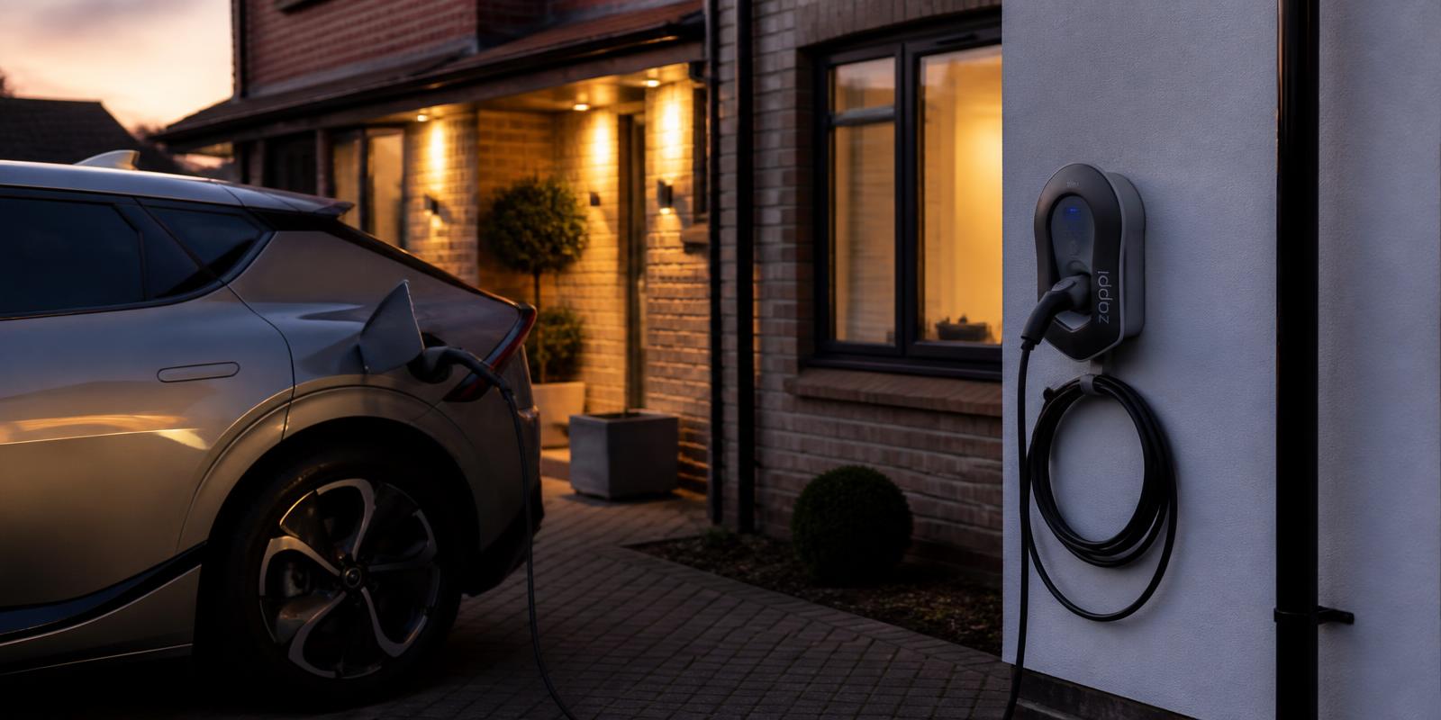 Electric car plugged into a wall-mounted home EV charger on a UK driveway at dusk