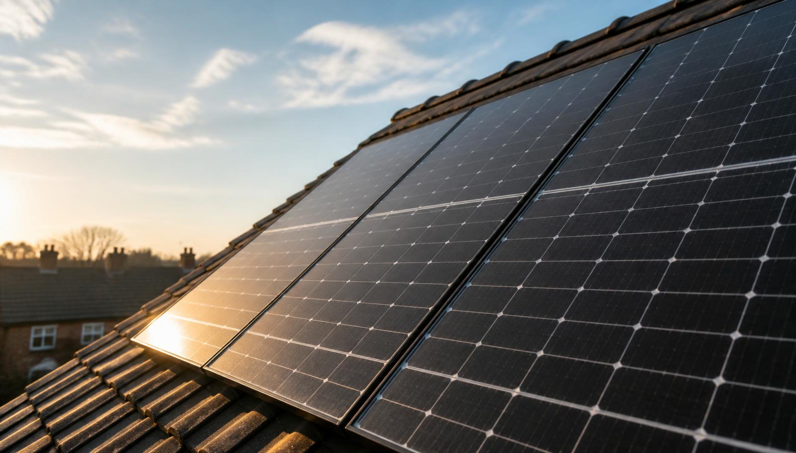 Black solar panels on a UK tiled roof catching low morning sunlight