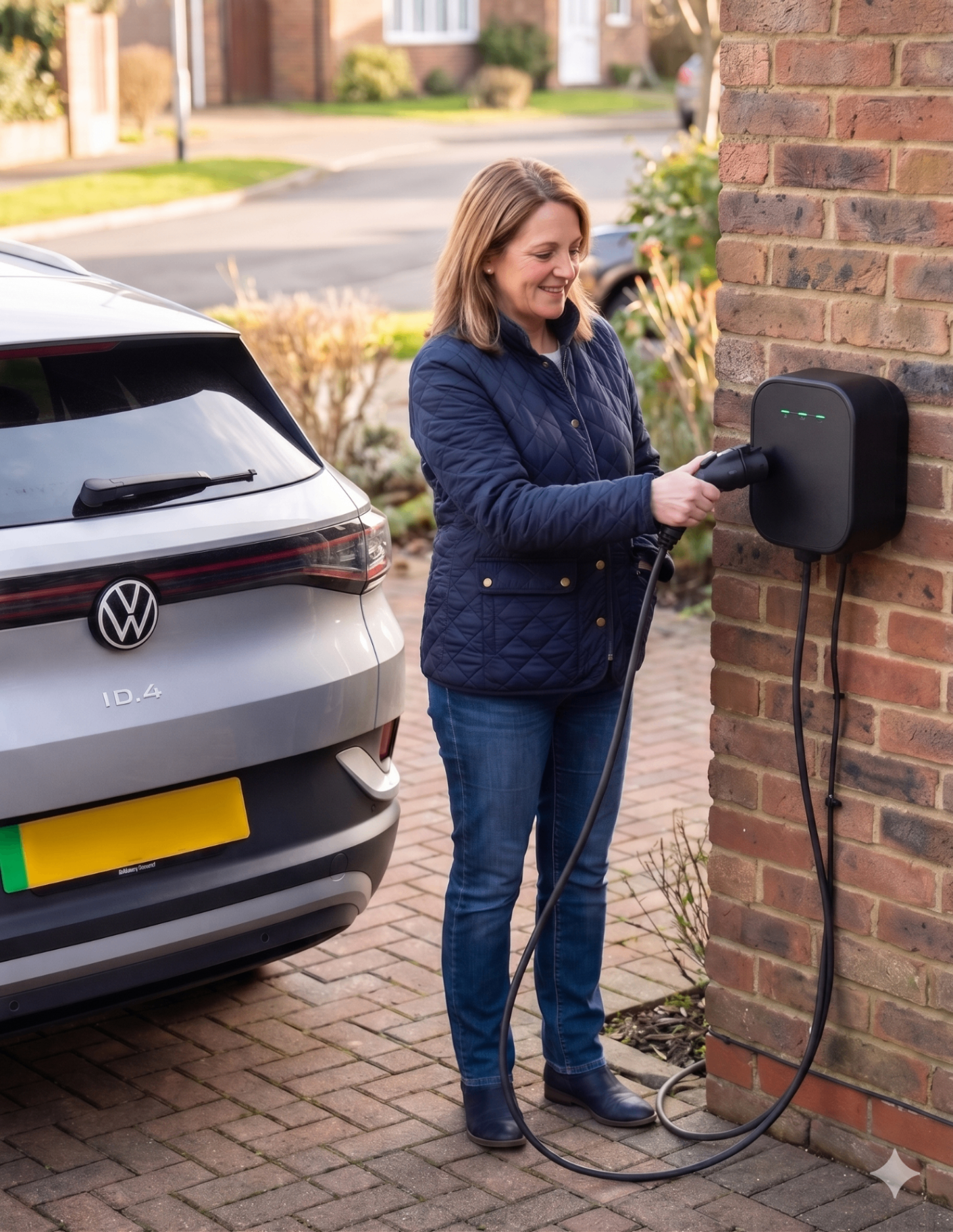Ohme ePod charger installed on a driveway with an EV connected